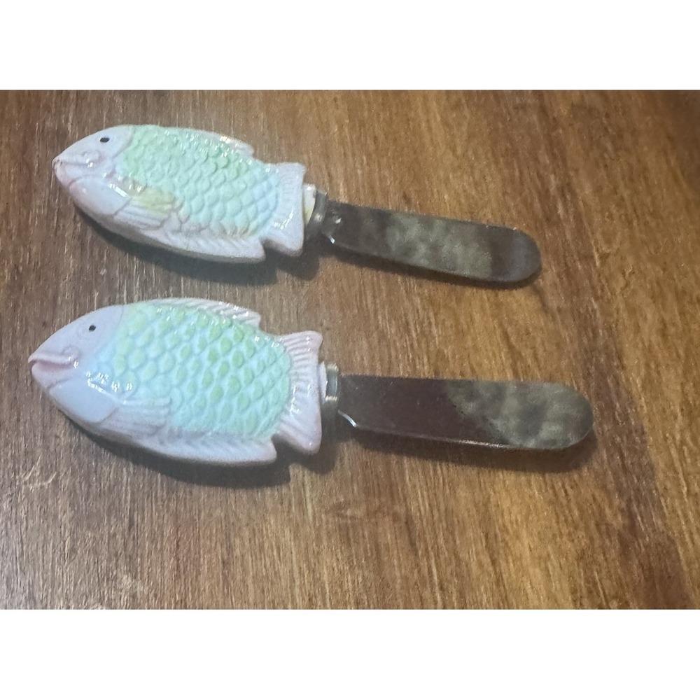 Vintage Knobler Fish Butter Knife‎ Cheese Spreader Stainless Japan Coastal Set 2